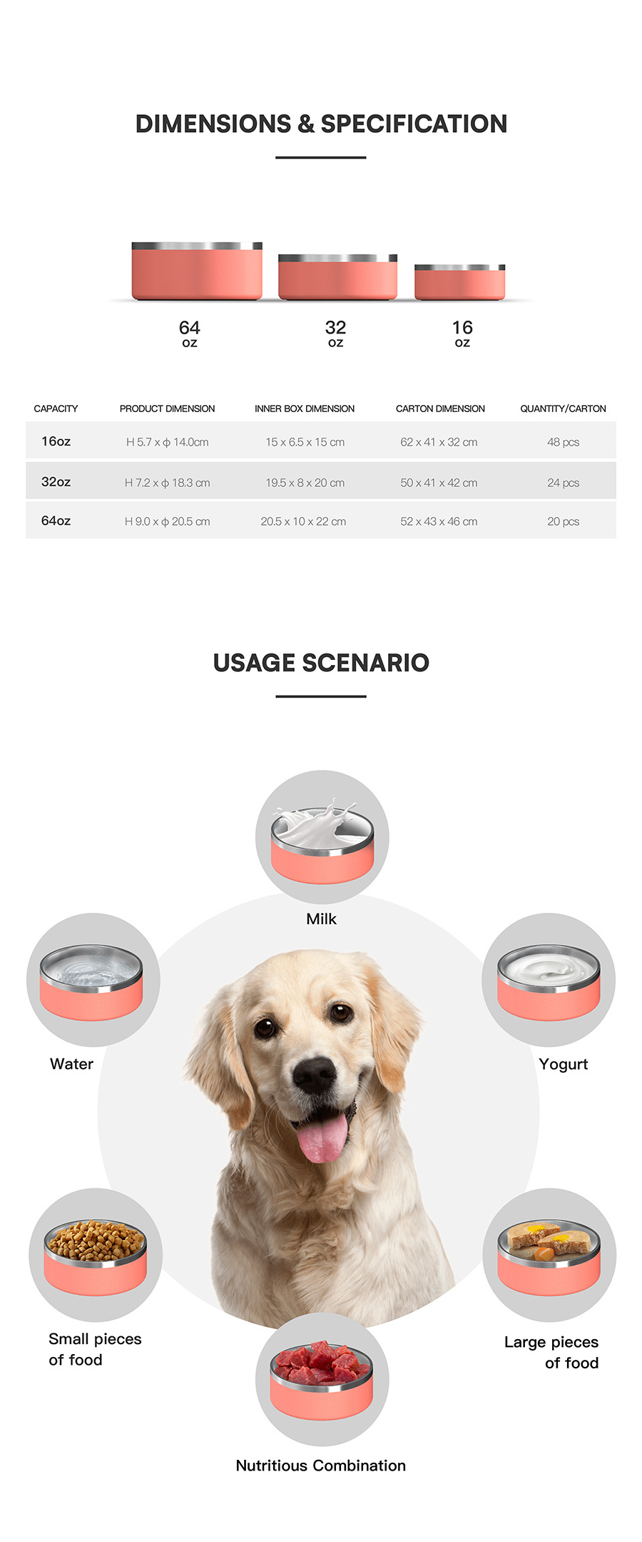 32oz 64oz Pet Bowl Stainless Steel Vacuum Insulated Dog Feeder with Silicon Rubber Bottom Slip Proof