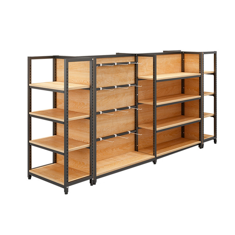 Customized Shelf Wooden Metal Frame Wooden Board With Hook Style For Super Market Equipment Gondola Shelving Supermarket Shelves