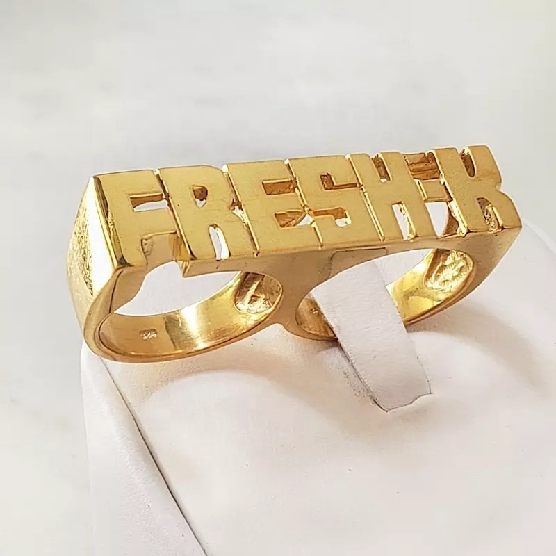 2022 drop shipping New Hip Hop Double Fingers Ring Two Tone custom Nameplate personalised Carved gold letter ring