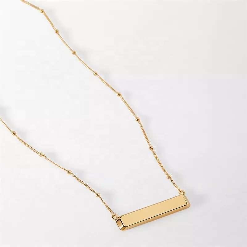 Minimal Blank bar charm bead chain gold silver stainless steel jewelry free custom engraving stainless steel bar necklace bulk