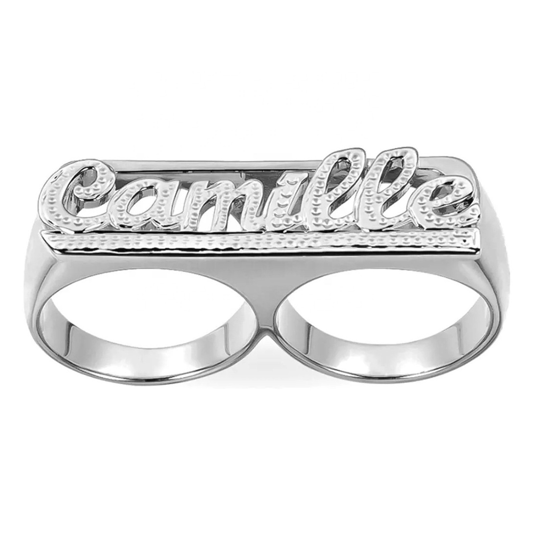 2022 drop shipping New Hip Hop Double Fingers Ring Two Tone custom Nameplate personalised Carved gold letter ring