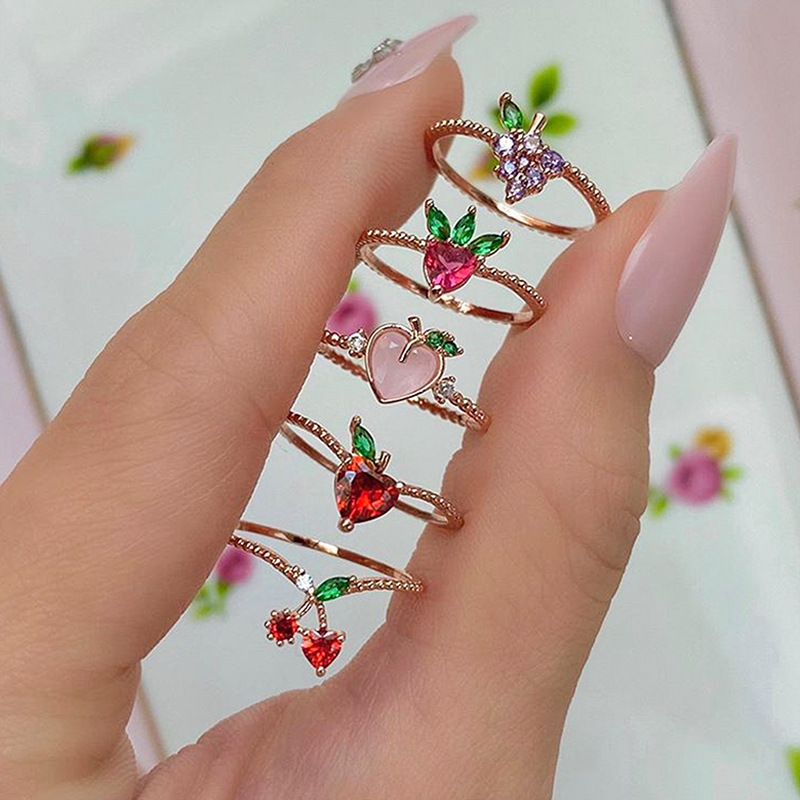 2020 New Korean Sweet Jewelry Gift Crystal Strawberry Cherry Grape Rings for Women Cute Fruit Butterfly Gem Gold Plated Rings