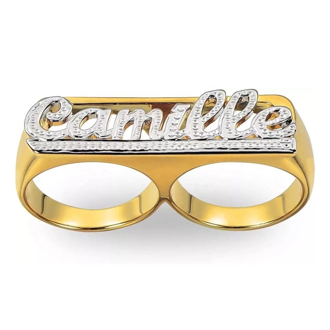 2022 drop shipping New Hip Hop Double Fingers Ring Two Tone custom Nameplate personalised Carved gold letter ring