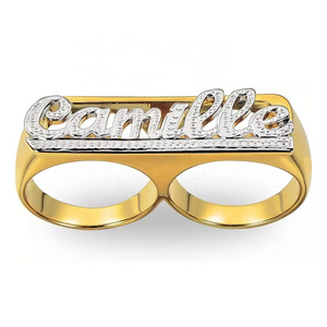 2022 drop shipping New Hip Hop Double Fingers Ring Two Tone custom Nameplate personalised Carved gold letter ring