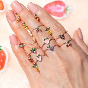 2020 New Korean Sweet Jewelry Gift Crystal Strawberry Cherry Grape Rings for Women Cute Fruit Butterfly Gem Gold Plated Rings