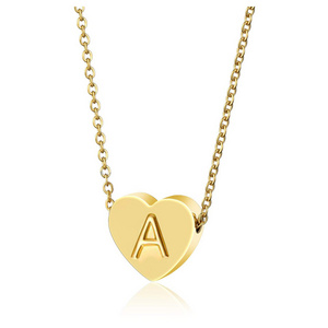 18K Gold Plated Stainless Steel Women Tiny Gold Plated Slide Letter A-Z beads Heart Engraving Charms Necklace