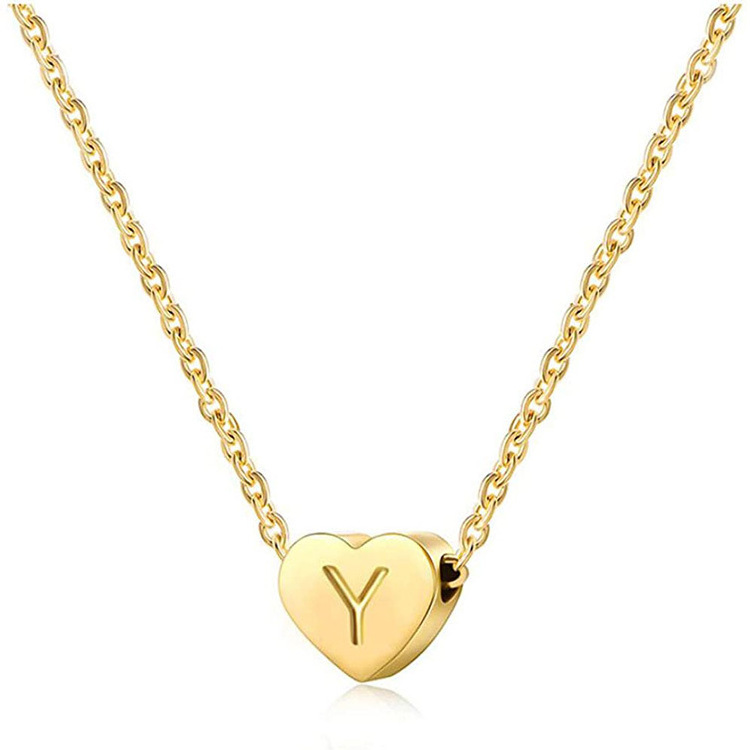 18K Gold Plated Stainless Steel Women Tiny Gold Plated Slide Letter A-Z beads Heart Engraving Charms Necklace