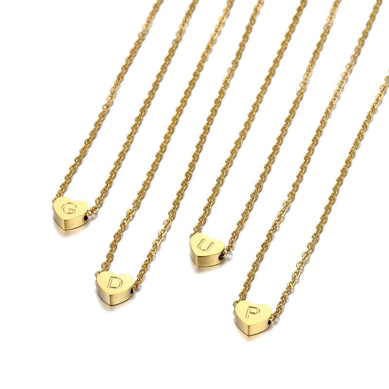 18K Gold Plated Stainless Steel Women Tiny Gold Plated Slide Letter A-Z beads Heart Engraving Charms Necklace