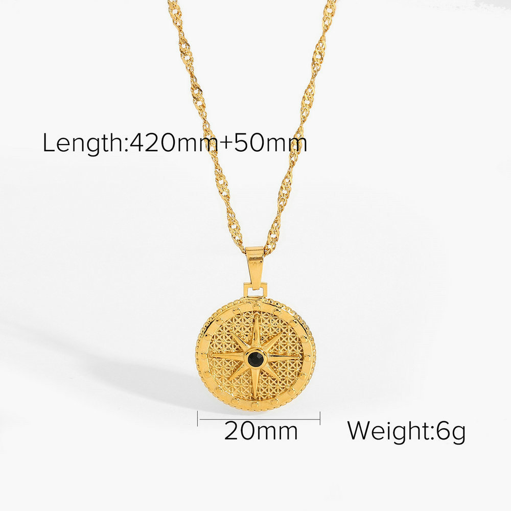 INS fashion unisex Titanium Steel Round Octagon compass Signet Black Diamond Necklace