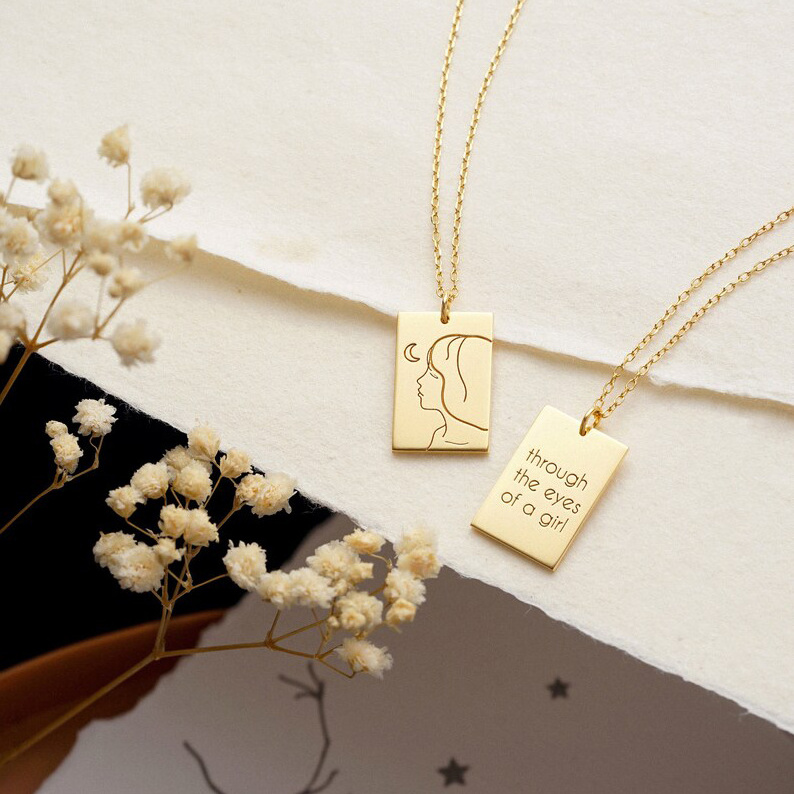 Necklace Custom Rectangle Engraved Girl Crescent Moon Necklace Minimalist Moon Phase Necklace Mother's Day Gift