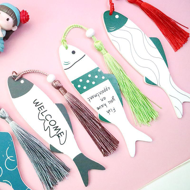 Cross border hot sale promotional cute cartoon custom wooden fish bookmark with tassel for students book lovers