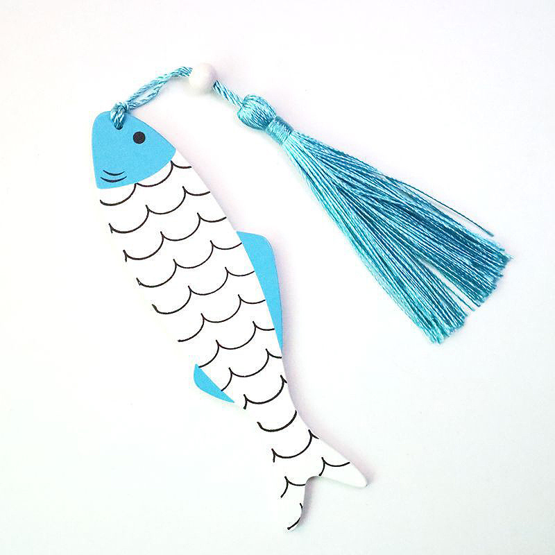 Cross border hot sale promotional cute cartoon custom wooden fish bookmark with tassel for students book lovers