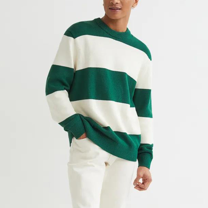 HRX custom sweater manufacturer fashion crew neck fine knit cotton men's sweaters pullover green white striped sweater men