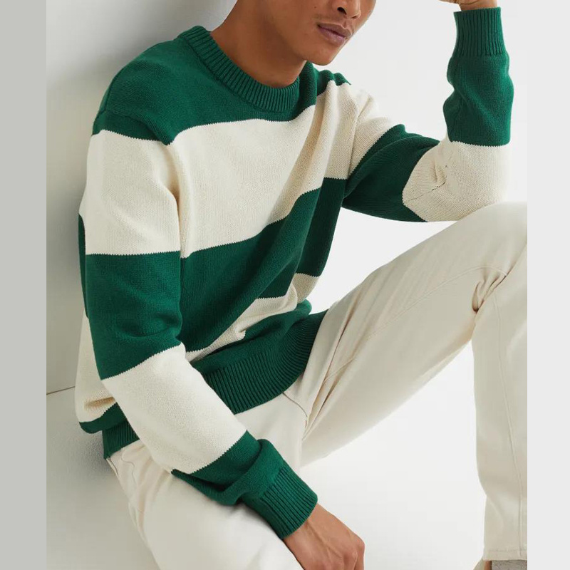 HRX custom sweater manufacturer fashion crew neck fine knit cotton men's sweaters pullover green white striped sweater men