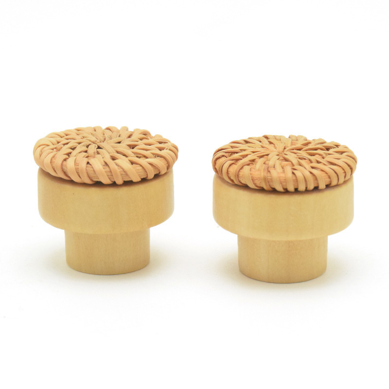 Wholesale rattan woven round cake wood handle cabinet door drawer wooden handle single-hole wood color handle