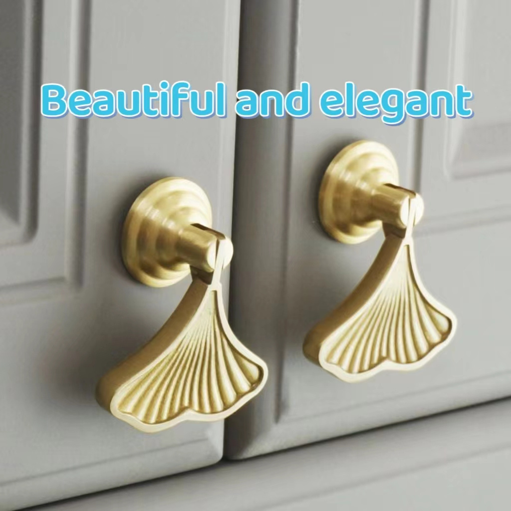 Ginkgo leaf handle brass light luxury Nordic personalized creative fan wardrobe drawer single hole pendant fishtail door handle