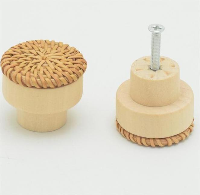 Wholesale rattan woven round cake wood handle cabinet door drawer wooden handle single-hole wood color handle