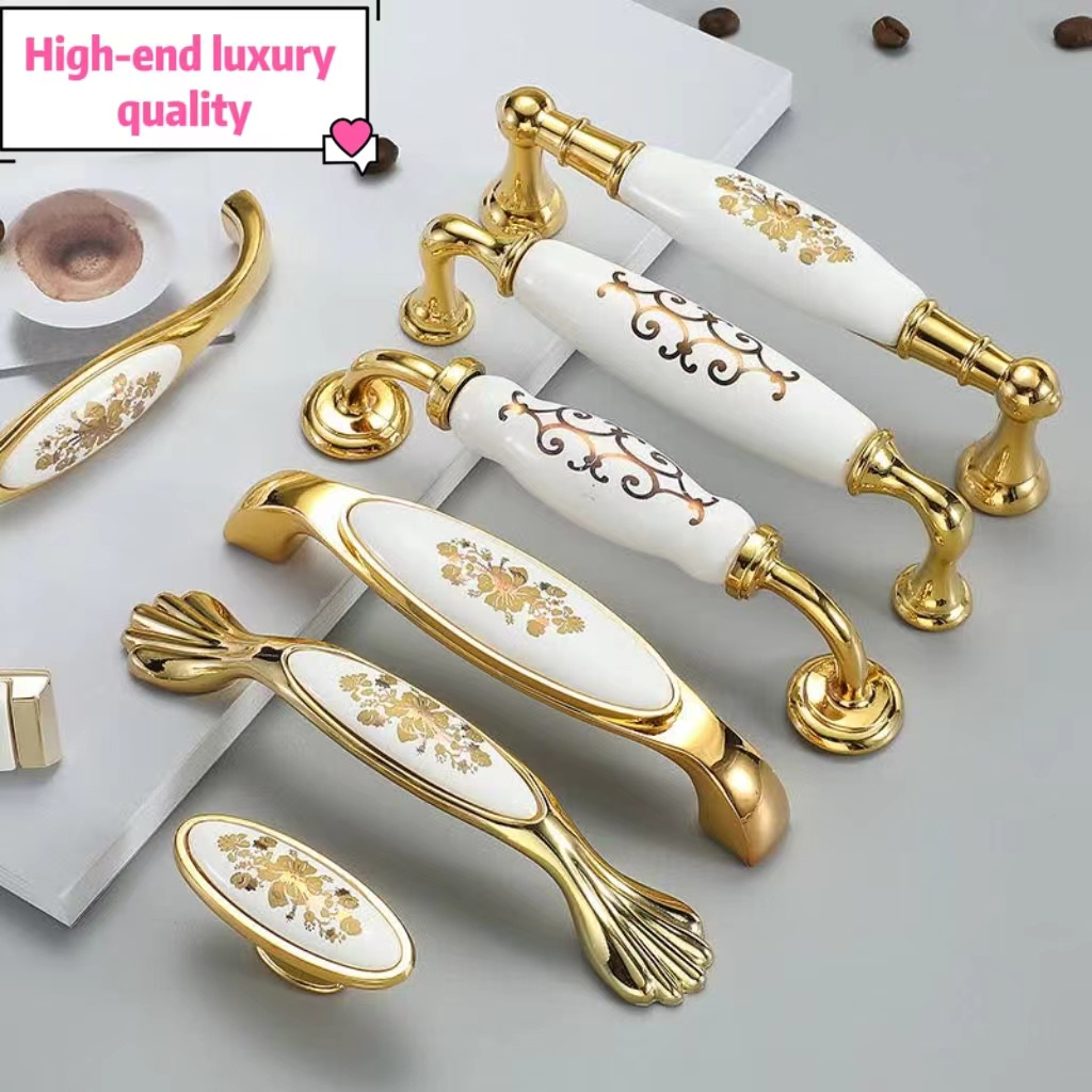 European style light luxury gold large gold flower ceramic handle modern simple cabinet drawer cabinet wardrobe door handle