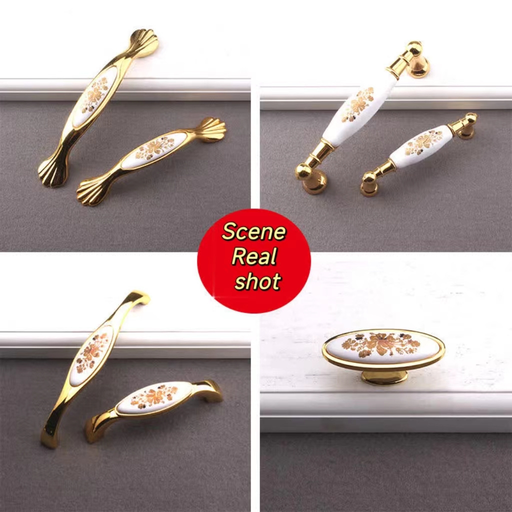 European style light luxury gold large gold flower ceramic handle modern simple cabinet drawer cabinet wardrobe door handle