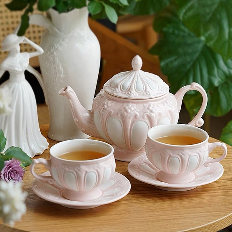 Handmade Pink Elegant Embossing Tea Set of 2 Cups and Saucers with Teapot Antique Ceramic Teapot Kettle With Gift Box