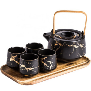 Nordic Black Marble Tea Service Cup Set Ceramic Large Tea Pots 4pcs Tea Cups with Wooden Tray