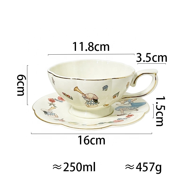 New Tea For One Alice and Rabbit Ceramic Coffee Cup and Saucer Set Gold Rims Afternoon Tea Pot With Box