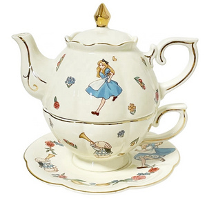 New Tea For One Alice and Rabbit Ceramic Coffee Cup and Saucer Set Gold Rims Afternoon Tea Pot With Box