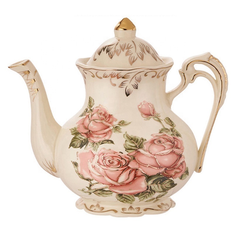 Luxurious 1200ml Large Capacity Flower Ceramic Coffee Pot European Ivory Porcelain Afternoon Teapot For Party