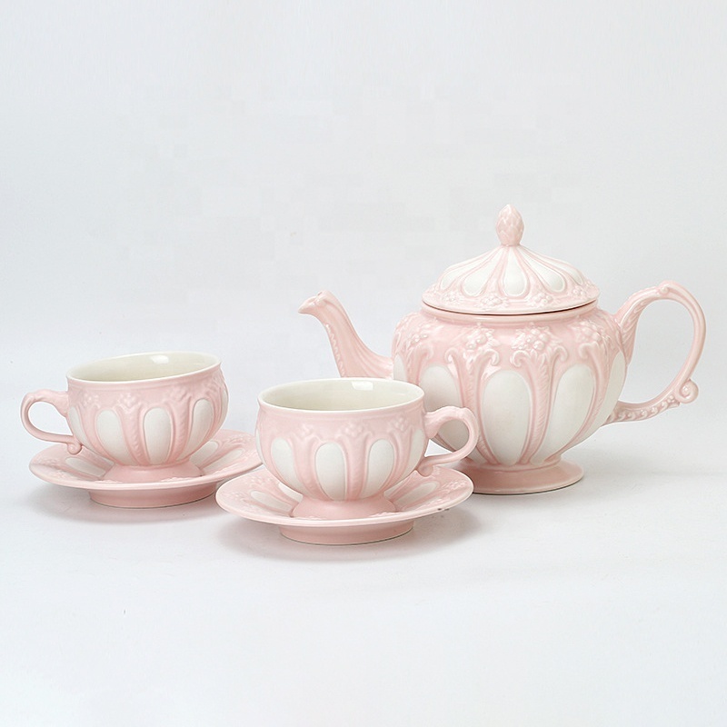 Handmade Pink Elegant Embossing Tea Set of 2 Cups and Saucers with Teapot Antique Ceramic Teapot Kettle With Gift Box