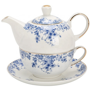 Vintage Blue and White Floral Tea Pot and Cup For One Person With Gold Rims Tea For One Set Porcelain Teapot Set