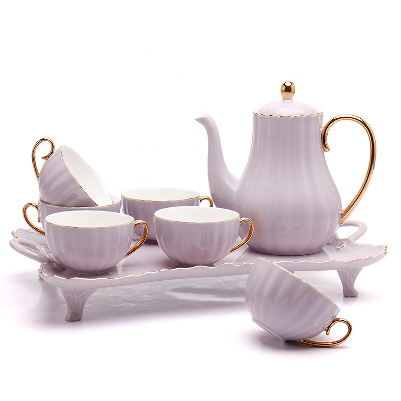 Hot Sale Pink White Blue Color Ceramic Coffee Tea Cup Sets With Teapot