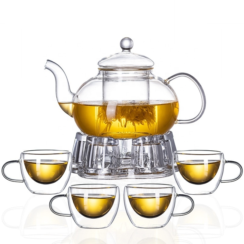 6 pcs Gift Set Borosilicate Double Wall Glass Cups Warmer Glass Fruit Flower Teapot With Infuser & Tea Cups Set