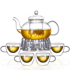 6 pcs Gift Set Borosilicate Double Wall Glass Cups Warmer Glass Fruit Flower Teapot With Infuser & Tea Cups Set