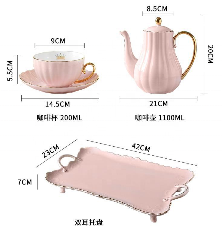 Hot Sale Pink White Blue Color Ceramic Coffee Tea Cup Sets With Teapot