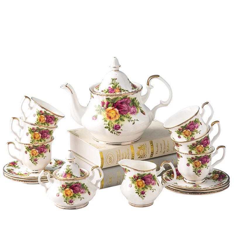 European Vintage Rose Pattern Ceramic Coffee Sets Cup Saucer Pot 15 PCS Fine Bone China Tea Gift Sets With Color Package