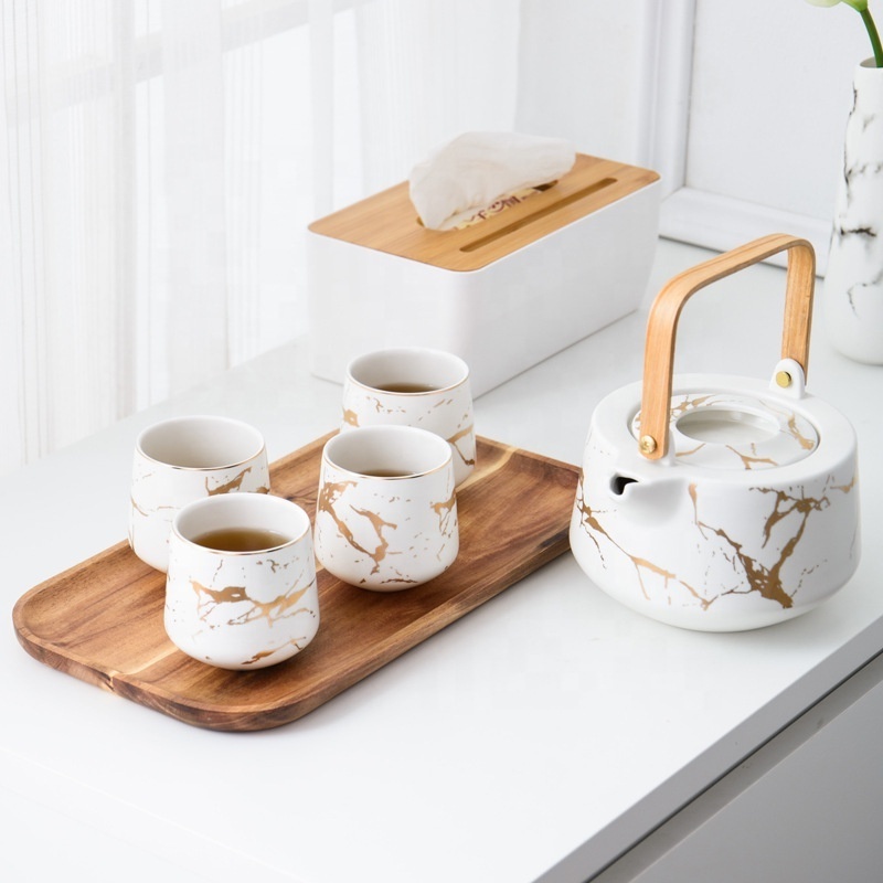 Nordic Black Marble Tea Service Cup Set Ceramic Large Tea Pots 4pcs Tea Cups with Wooden Tray