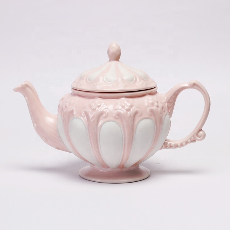 Handmade Pink Elegant Embossing Tea Set of 2 Cups and Saucers with Teapot Antique Ceramic Teapot Kettle With Gift Box