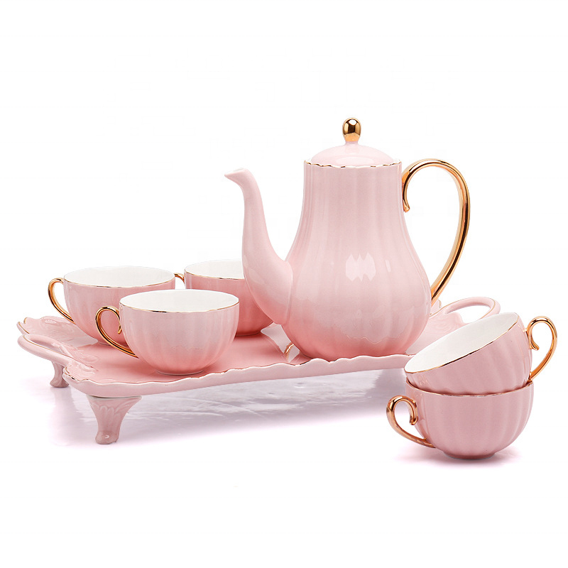 Hot Sale Pink White Blue Color Ceramic Coffee Tea Cup Sets With Teapot