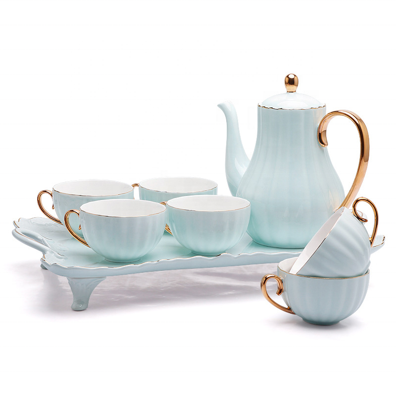 Hot Sale Pink White Blue Color Ceramic Coffee Tea Cup Sets With Teapot