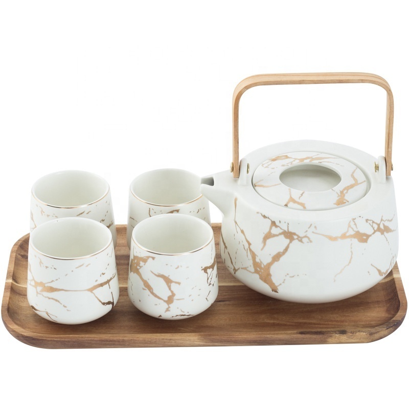 Nordic Black Marble Tea Service Cup Set Ceramic Large Tea Pots 4pcs Tea Cups with Wooden Tray