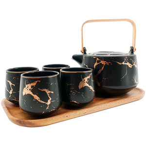 Turkish Black White Marble Ceramic Tea Coffee Cups Sets With Teapot And Tray For Gift