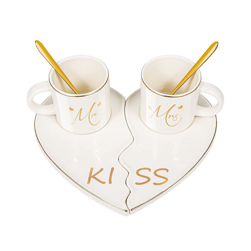 Couple Coffee Mugs Sets Anniversary Valentine Wedding Engagement Bridal Shower Mr and Mrs Cups with Kiss Tray