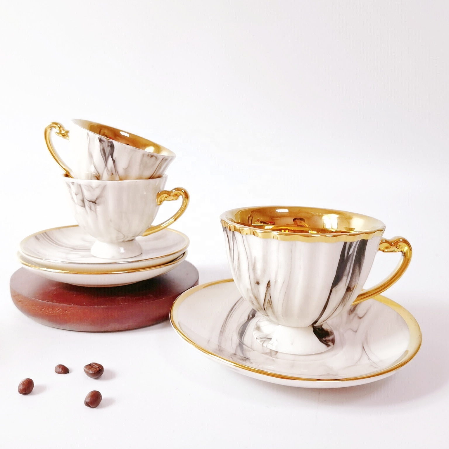 Arabic 12 Pieces Set Vintage Classic Golden Ceramic 90ml Espresso Coffee Set of 6 Cups & Saucers