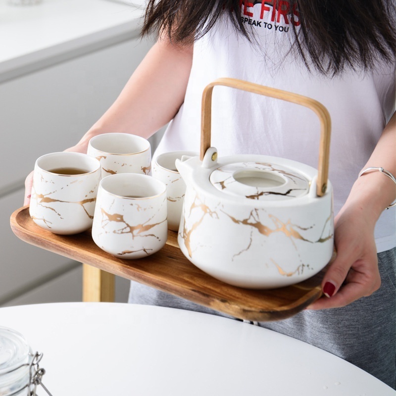 Nordic Black Marble Tea Service Cup Set Ceramic Large Tea Pots 4pcs Tea Cups with Wooden Tray