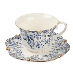 Bone China British Blue and White Coffee Cups and Saucers Set Ceramic Retro European Light Luxury Floral Afternoon Tea Cup