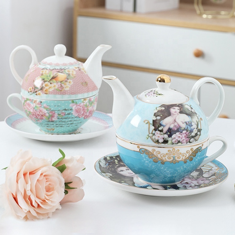 Ceramic Royal Design Coffee & Tea Pot Cups and Saucer Portable Office Porcelain 4-Piece Tea for One Set