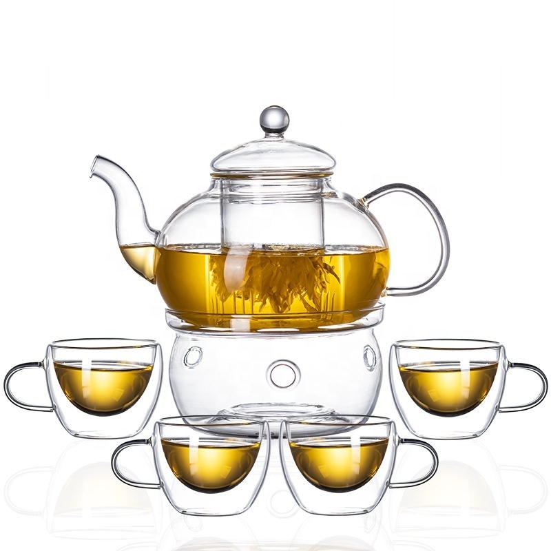 6 pcs Gift Set Borosilicate Double Wall Glass Cups Warmer Glass Fruit Flower Teapot With Infuser & Tea Cups Set