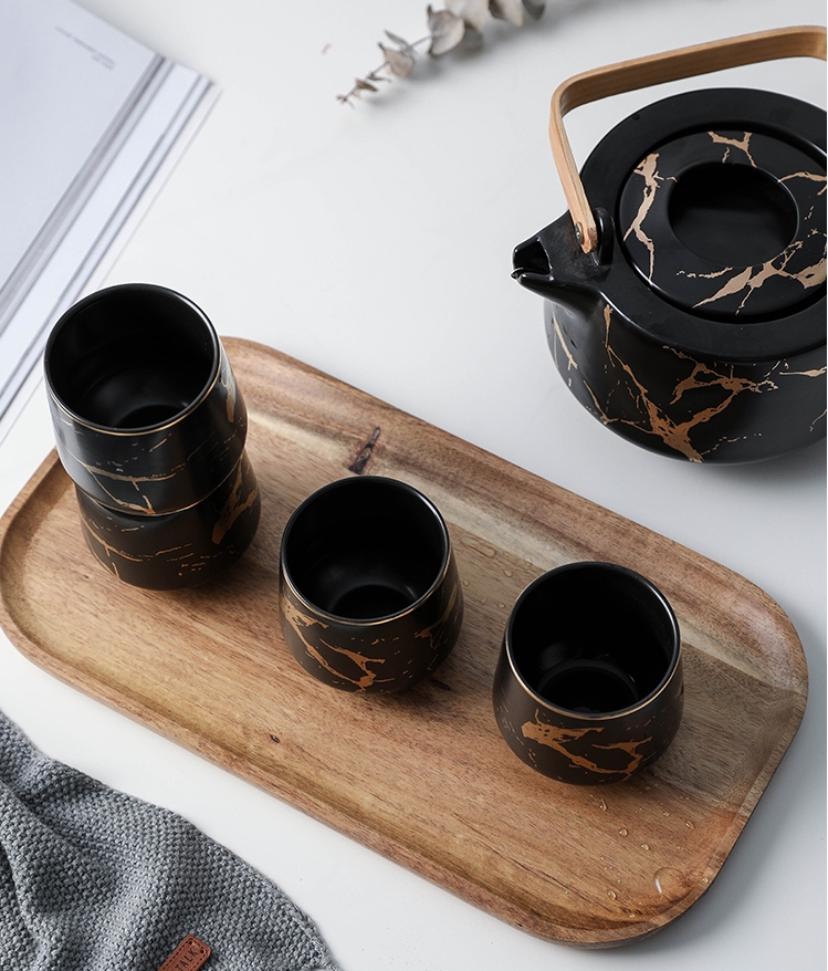 Turkish Black White Marble Ceramic Tea Coffee Cups Sets With Teapot And Tray For Gift