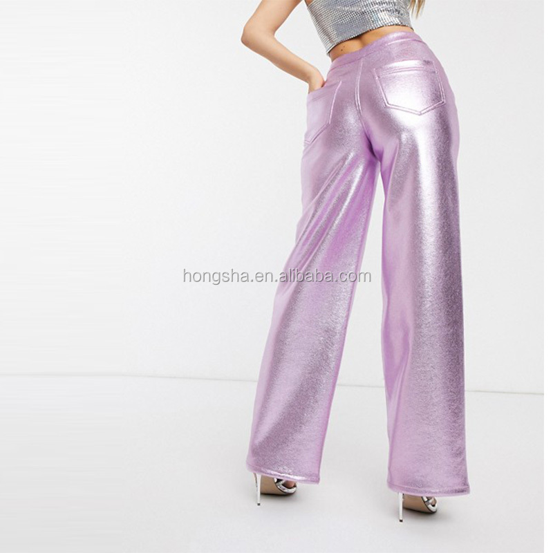 Women y2k clothing High Rise Smooth Faux Leather Pants Ladies Metallic PU Wide Leg Trouser