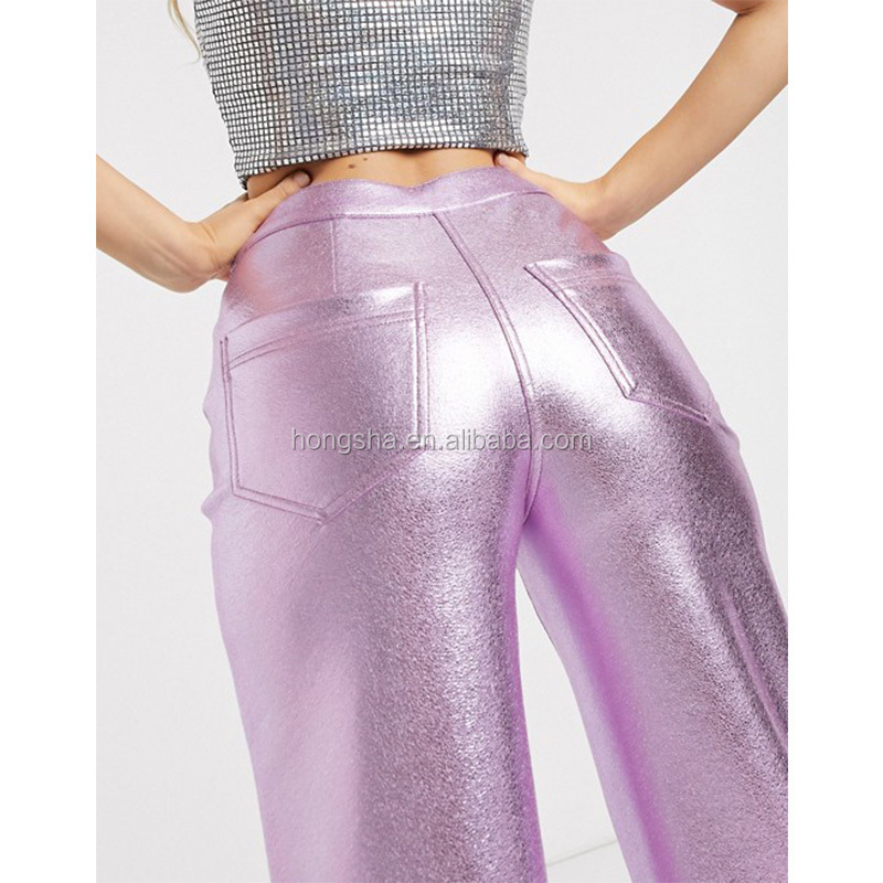 Women y2k clothing High Rise Smooth Faux Leather Pants Ladies Metallic PU Wide Leg Trouser